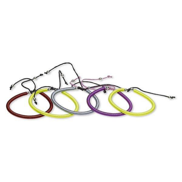 Bracelet mix, cotton / nylon / silver-coated plastic, mixed colors, 4mm wide, adjustable from 6-1/2 to 9 inches with slide knot closure. Sold per pkg of 5. image number 0