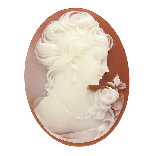 Cabochon, acrylic, peach and white, 40x30mm right-facing non-calibrated oval cameo with woman. Sold individually. image number 0