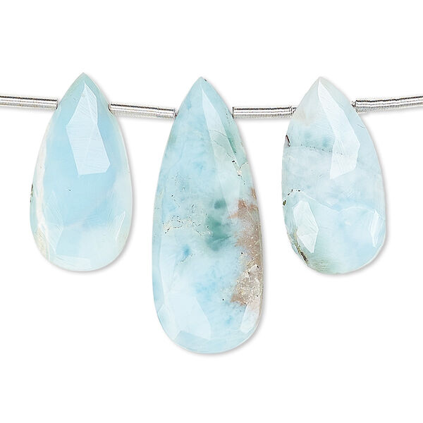 Larimar 1pkg3, hand-cut top-drilled faceted puffed teardrop bead natural 20x10mm / 28x10mm image number 0