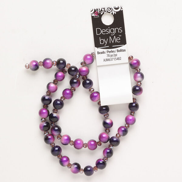 Bead assortment, glass, opaque and translucent purple / light purple / tan, 5x4mm faceted rondelle and 7mm round. Sold per pkg of 78. image number 0
