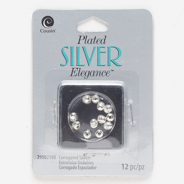 Bead, lacquer and silver-plated brass, 5mm corrugated round. Sold per pkg of 12. image number 0