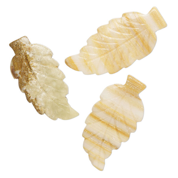 Focal, brown Italian "onyx" (onyx marble) (coated), 34x18mm-42x20mm single-sided carved leaf, B grade, Mohs hardness 3-1/2 to 4. Sold per pkg of 3. image number 0