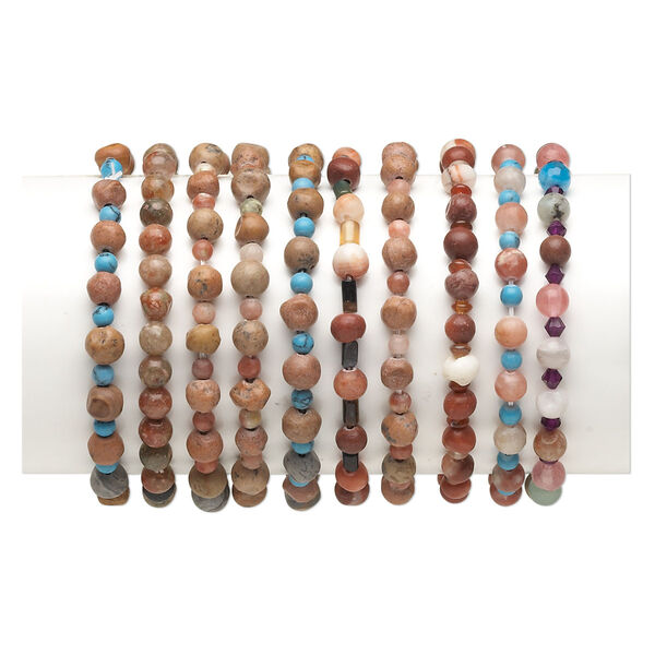Bracelet mix, stretch, multi-gemstone (natural / dyed / heated / imitation) / glass / acrylic, multicolored, 4mm-30x20mm multi-shape, 6 inches. Sold per pkg of 10. image number 0