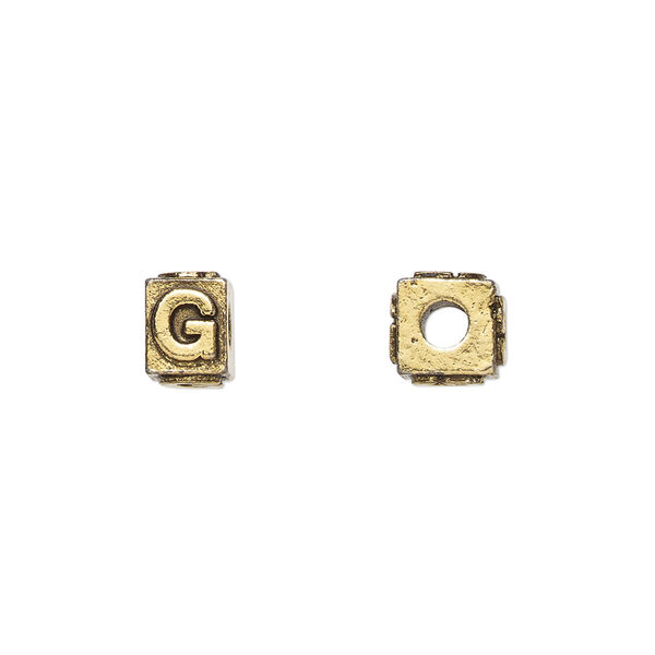 Bead, antique gold-plated pewter (tin-based alloy), 8x6mm rectangle with alphabet letter "G." Sold per pkg of 4. image number 0