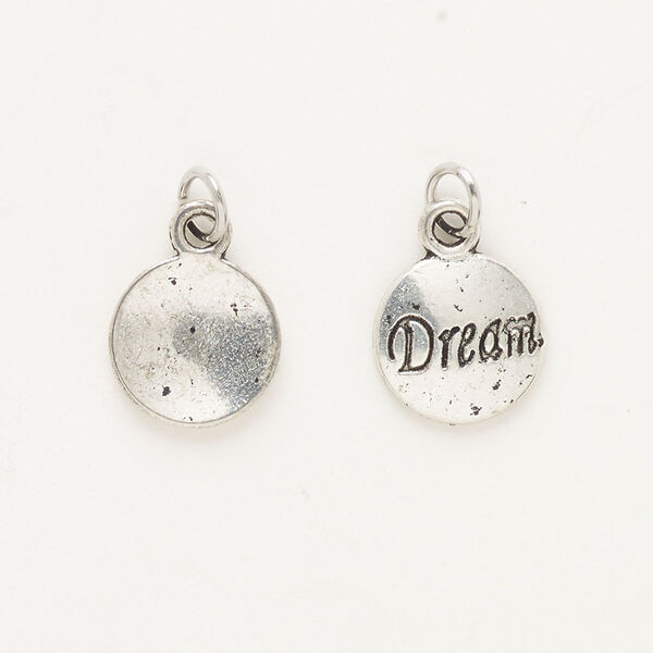 Charm, "pewter" (zinc-based alloy) and steel, pkg/2, antique silver finish, 12mm single-sided round with "Dream." image number 0