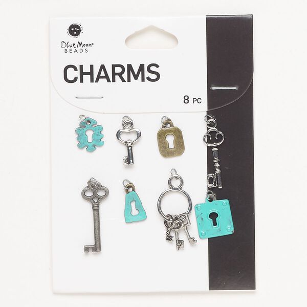 Charm assortment, "pewter" (zinc-based alloy), green patina, 12x6mm-24x12mm lock and key. Sold per pkg of 8. image number 0