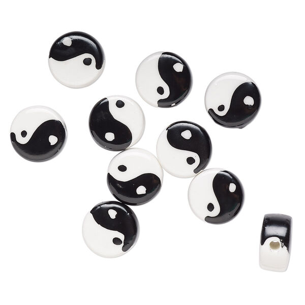 Bead, porcelain, black and white, 15mm double-sided flat round with yin-yang symbol. Sold per pkg of 10. image number 0