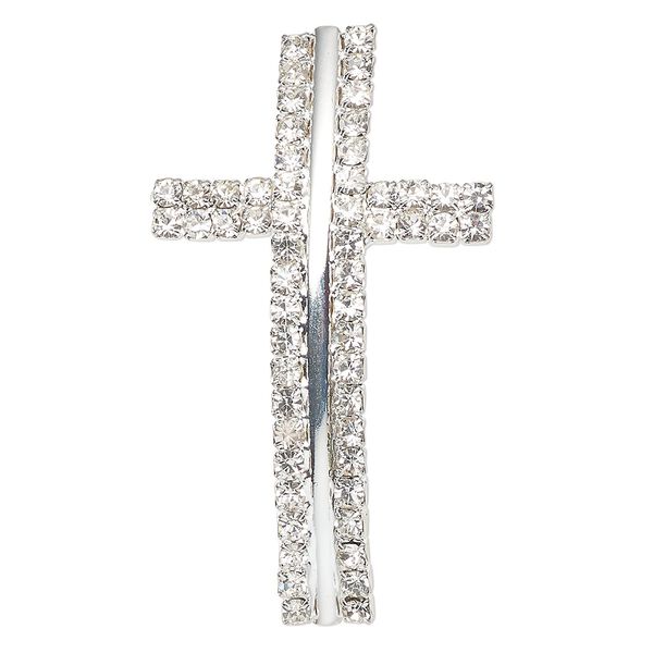 Focal, silver-finished brass and glass, clear, 50x29mm curved cross with 2mm stringing channel. Sold individually. image number 0
