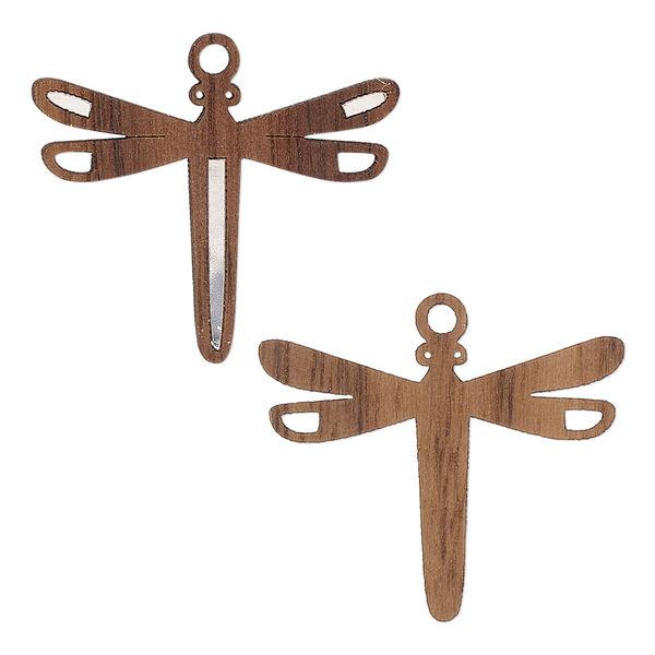 Drop, black walnut (natural) and aluminum foil, 25x20mm single-sided laser-cut dragonfly with cutout. Sold per pkg of 2. image number 0