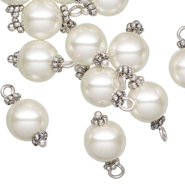 Drop, antique silver-finished "pewter" (zinc-based alloy) and acrylic pearl, white, 14mm round. Sold per pkg of 12. image number 0