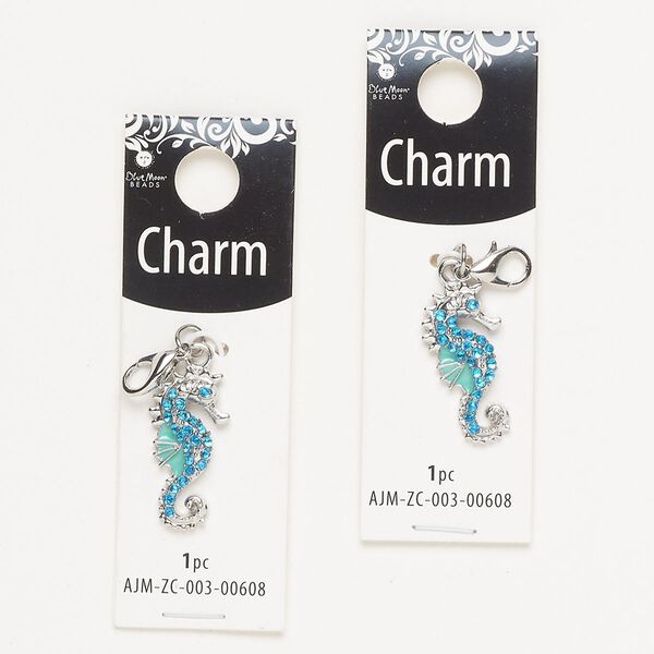 Charm, silver-finished enamel "pewter" (zinc-based alloy) / steel / glass, blue and light blue, 24x12mm single-sided seahorse with lobster claw clasp. Sold per pkg of 2. image number 0