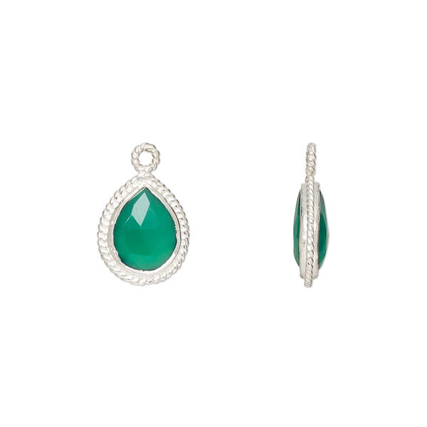 Drop, green onyx (dyed) and sterling silver, 11x9mm-12x10mm hand-cut double-sided faceted puffed teardrop with rope edge design, B grade, Mohs hardness 6-1/2 to 7. Sold individually. image number 0