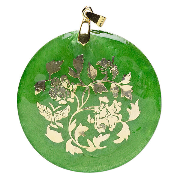Pendant, Everyday Jewelry, Capiz shell (dyed / coated) and gold-finished "pewter" (zinc-based alloy), green and gold, 49-50mm round with floral decal. Sold individually. image number 0