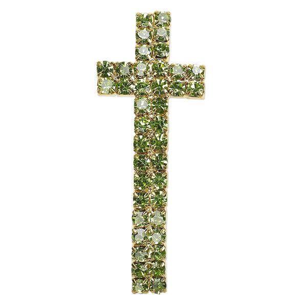 Focal, Egyptian glass rhinestone and gold-finished "pewter" (zinc-based alloy), emerald green, 48x18mm single-sided curved cross, 3mm hole. Sold individually. image number 0