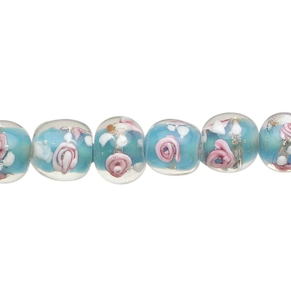 Bead, lampworked glass, opaque sky blue/pink/white with copper-colored glitter, 8-9mm round with roses and dots. Sold per 15" to 16" strand. image number 0