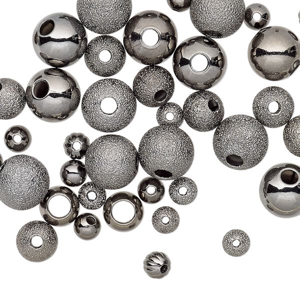 Bead, gunmetal-plated brass, 4-8mm assorted round. Sold per pkg of 50. image number 0