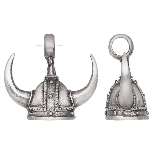 Pendant, antiqued pewter (tin-based alloy), 39x35mm 3D Viking helmet. Sold individually. image number 0