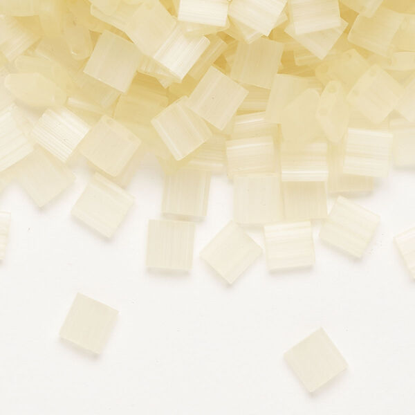 Seed bead, TILA®, glass, pkg/10g, 5mm full tila square, translucent silk luster light yellow (TL-2554-1). image number 0