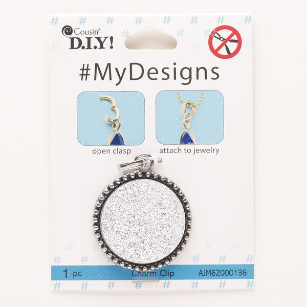 Focal, "pewter" (zinc-based alloy) and acrylic, pkg/1, 34mm beaded flat round with druzy look embellishment and snap-lock bail, antique silver finish. image number 0