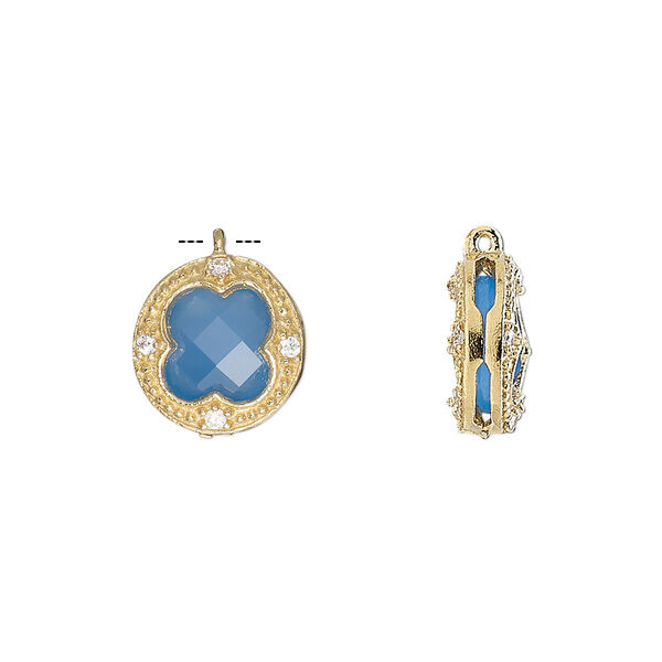 Drop, chalcedony (dyed) / cubic zirconia / gold-finished sterling silver, clear and blue, 12mm two-sided faceted round. Sold individually. image number 0