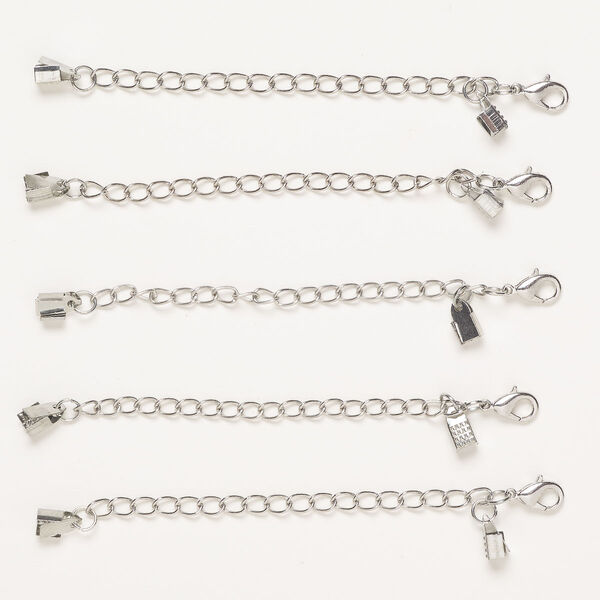 Clasp, lobster claw, steel, pkg/5, 10x6mm oval with chain and 5mm fold-over cord ends, 3mm inner diameter, antique silver finish. image number 0