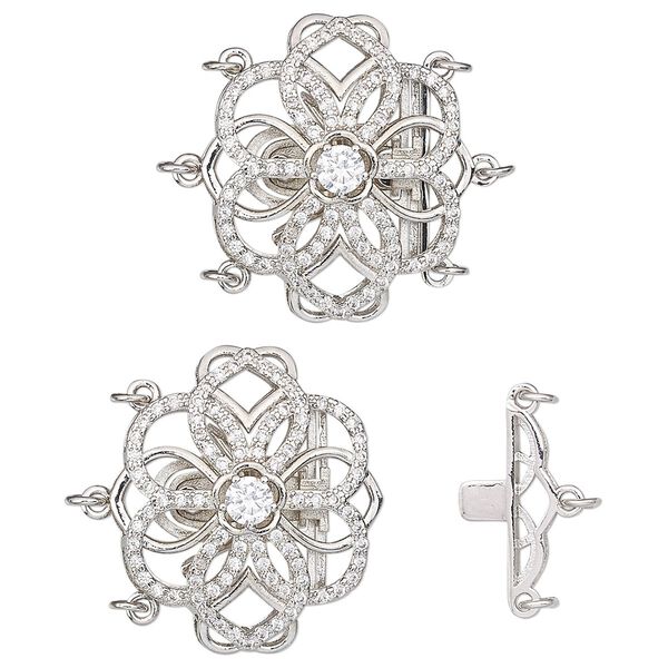 Clasp, 3-strand tab, cubic zirconia and rhodium-plated brass, clear, 26x23mm domed open flower with 6 jump rings. Sold individually. image number 0