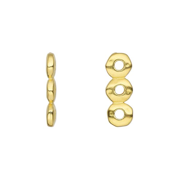 Spacer, TierraCast®, gold-plated pewter (tin-based alloy), 18x2.5mm 3-strand rondelle nugget with 2mm hole, fits up to 6mm bead. Sold per pkg of 20. image number 0