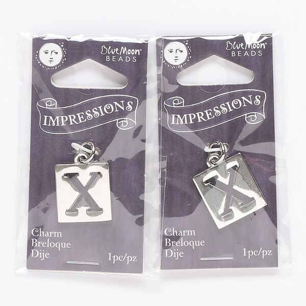 Drop, silver-finished "pewter" (zinc-based alloy) and steel, 16x15mm square with cutout alphabet letter "X." Sold per pkg of 2. image number 0