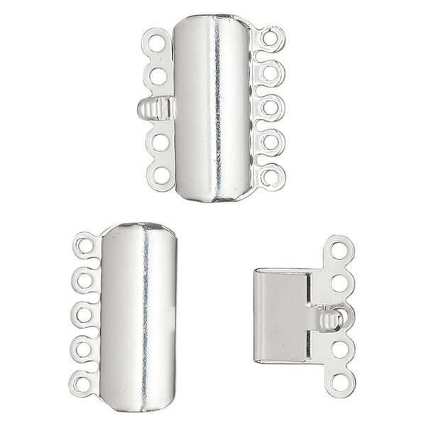 Clasp, 5-strand tab, silver-plated brass, 19x8mm curved rectangle. Sold per pkg of 100. image number 0