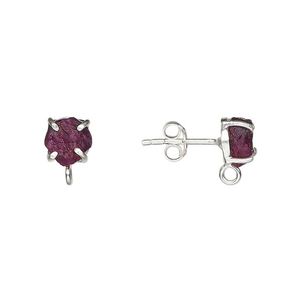 Earstud 1pkg2 sterling silver / ruby, 5x5mm-7x7mm rough nugget / closed loop, 1 pair image number 0