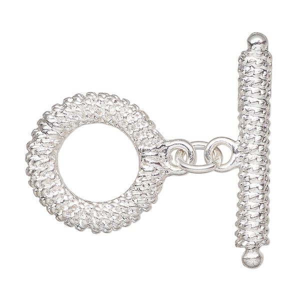 Clasp, toggle, silver-finished "pewter" (zinc-based alloy), 20mm textured round. Sold individually. image number 0