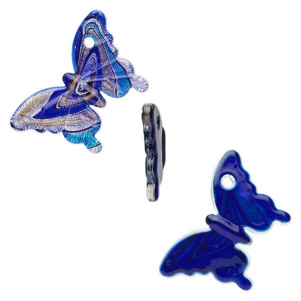 Focal, lampworked glass, blue / light blue / black with silver-colored foil and copper-colored glitter, 56x54mm butterfly. Sold individually. image number 0
