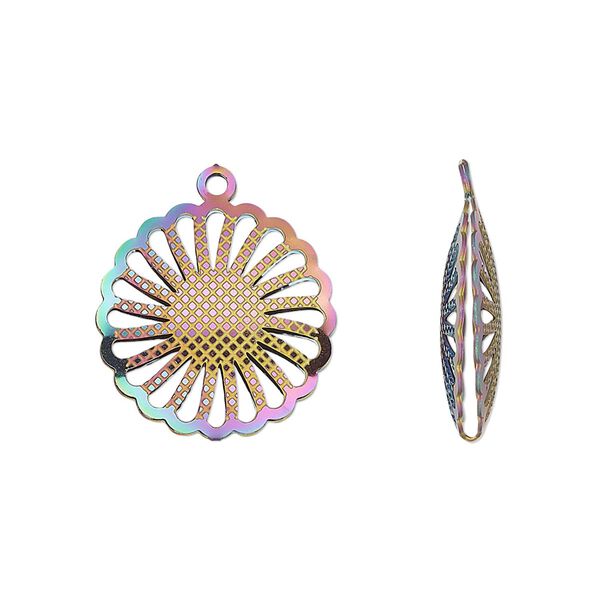 Drop, electro-coated stainless steel, rainbow, 18mm double-sided domed round with textured cut-out sun design. Sold per pkg of 6. image number 0