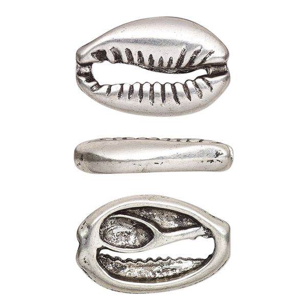 Component, antique silver-finished pewter (tin-based alloy), 19x12mm two-sided cowrie. Sold per pkg of 10. image number 0