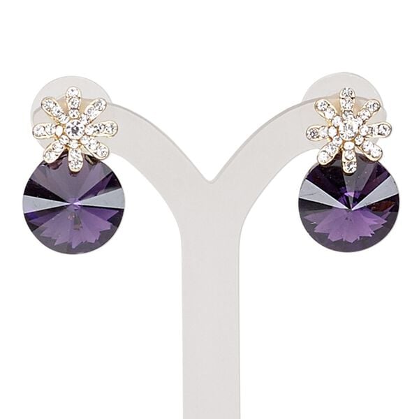 Earring, glass / glass rhinestone / stainless steel / gold-finished "pewter" (zinc-based alloy), purple and clear, 22mm with round and post. Sold per pair. image number 0