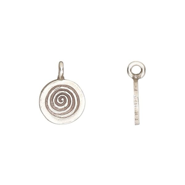 Drop, Hill Tribes, antiqued fine silver, 11mm single-sided round with spiral design. Sold individually. image number 0