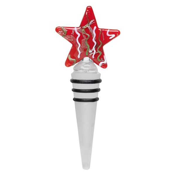 Wine bottle stopper, lampworked glass, frosted clear/red/white, 5x2 inch with star topper and three rubber rings. Sold individually. image number 0