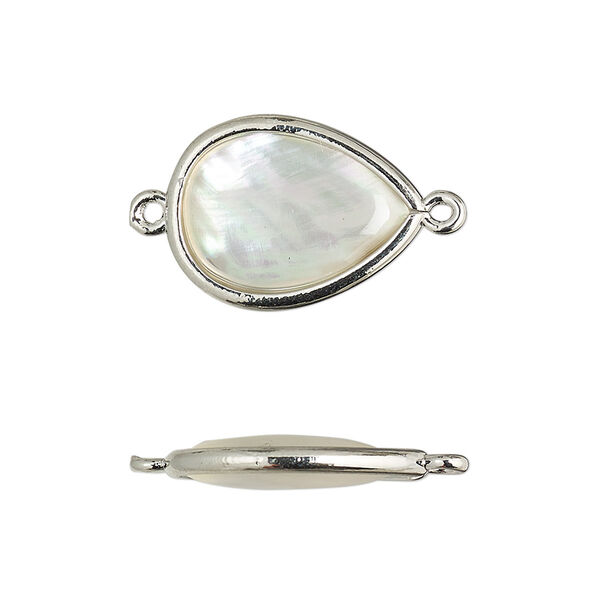 Link, mother-of-pearl shell and imitation rhodium-finished brass (assembled), 18.5x13.5mm-20x15mm double-sided teardrop. Sold per pkg of 4. image number 0