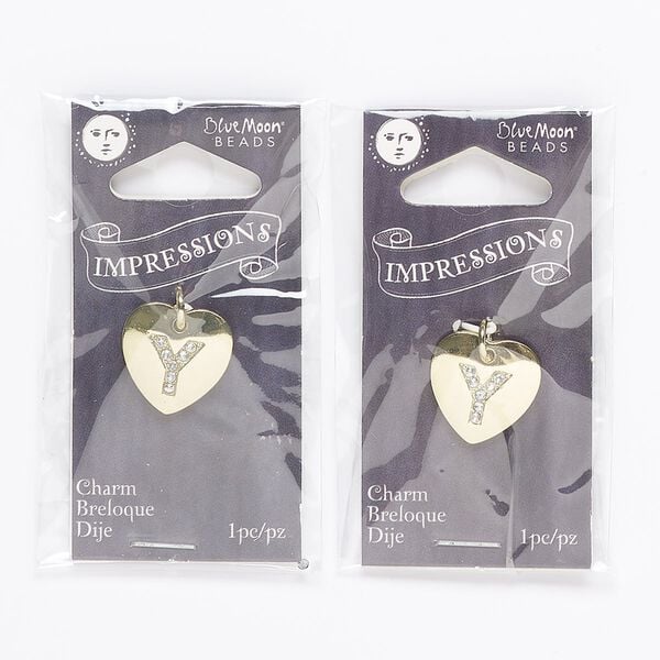 Charm, gold-finished "pewter" (zinc-based alloy) / steel / acrylic rhinestone, clear, 15.5x15mm single-sided puffed heart with letter "Y." Sold per pkg of 2. image number 0