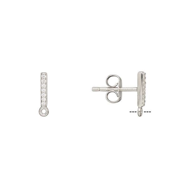 Earstud 1pkg2 rhodium-plated sterling silver / cubic zirconia, 8x1.5mm bar / closed loop / earnuts, clear 1 pair image number 0