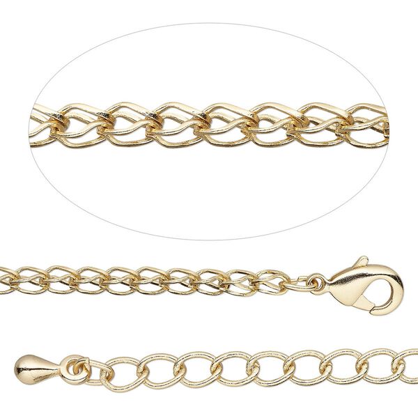 Chain, gold-finished brass, 2.2mm double teardrop, 18 inches with 2-inch extender chain and lobster claw clasp. Sold individually. image number 0