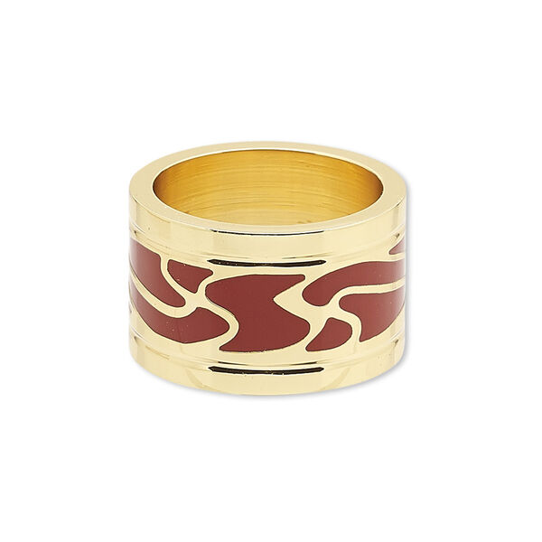 Ring, Avant-Garde Jewelry Collection, enamel and gold-plated brass, red, 14mm wide with swirl design, size 8-1/2. Sold individually. image number 0