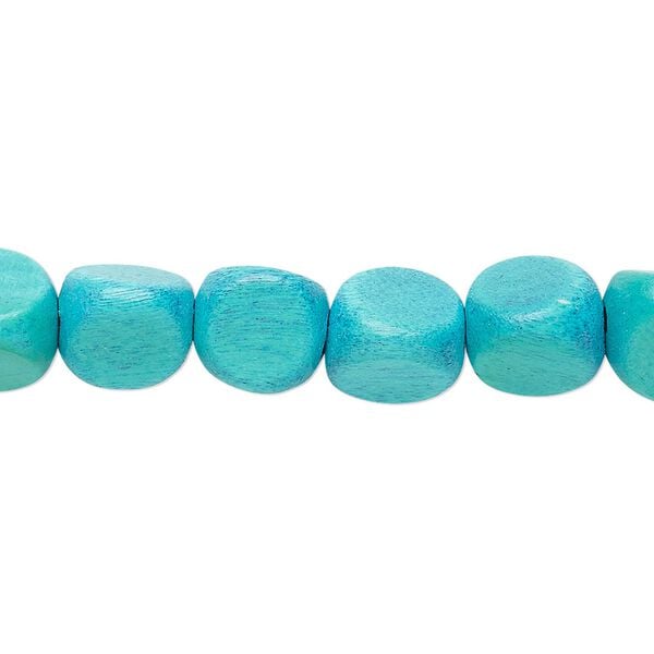 Bead, wood (dyed / waxed), aqua, 10mm rounded triangle. Sold per 15-1/2" to 16" strand. image number 0