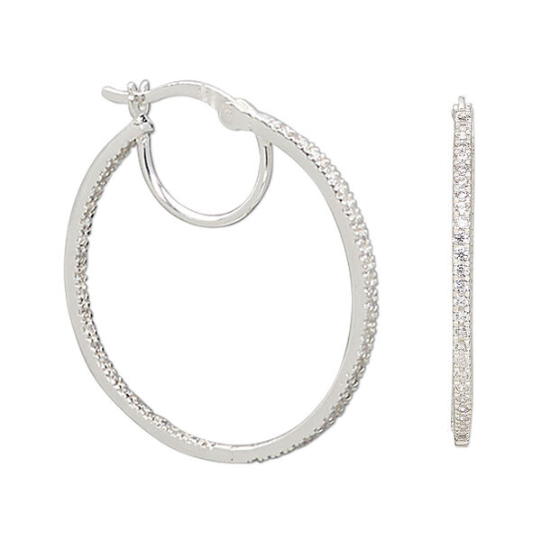 Earring, sterling silver and cubic zirconia, clear, 39mm round hoop with closed inner loop and latch-back closure. Sold per pair. image number 0