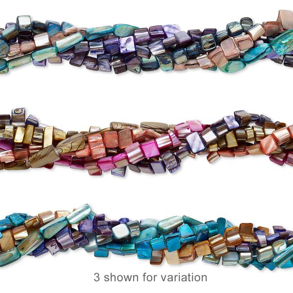 Bead mix, mother-of-pearl shell (natural / bleached / dyed), mixed colors, mini to small nugget, Mohs hardness 3-1/2. Sold per pkg of (5) 12" to 16" strands. image number 0