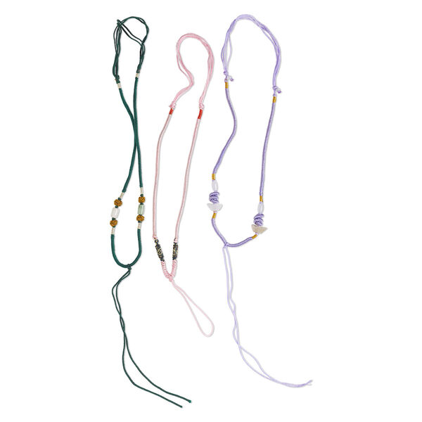 Necklace cord, macramé, jadeite (natural/dyed) and imitation silk, mixed colors, 2-3.5mm wide with 5-1/2 inch dangle, 20 inches with slip knot closure. Sold per pkg of 3. image number 0