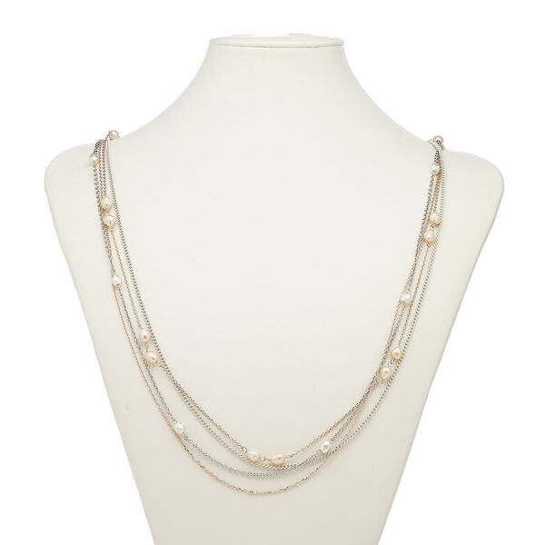 Necklace, 4-strand, acrylic / cultured freshwater pearl / rose gold-finished steel / silver-plated brass / steel / "pewter" (zinc-based alloy), white and mauve, 36 inches with 2-inch extender chain and lobster claw clasp. Sold individually. image number 0