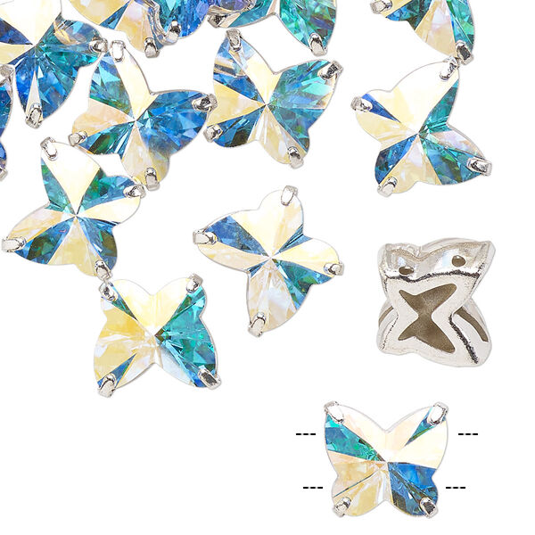 Sew-on 1pk crystal AB silver plate, Preciosa Czech crystal 10mm spacer butterfly image number 0