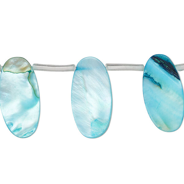 Bead, mother-of-pearl shell (dyed), blue, 19x7mm-20x10mm top-drilled flat oval, Mohs hardness 3-1/2. Sold per 14-inch strand, approximately 20 beads. image number 0