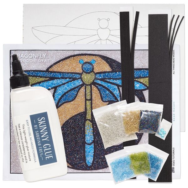 Sabrina Frey Bead Mosaic™ Starter Kit, glass / medium-density fiberboard / glue, pkg/1, multicolored, 8x10 inches with "Dragonfly" design. image number 1